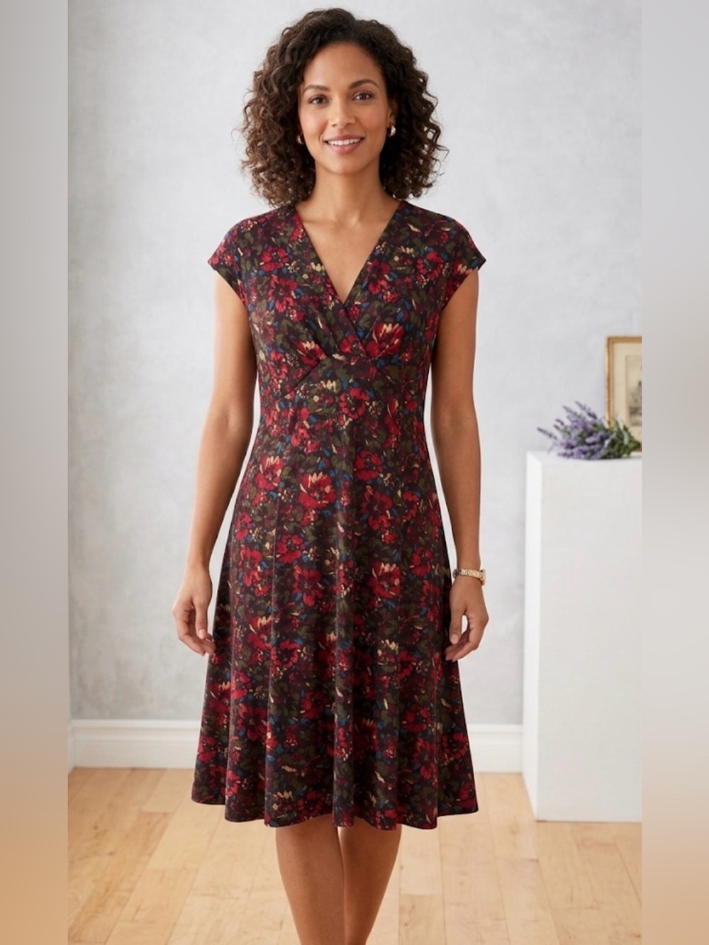 Talbots Petites Burgundy Floral V-Neck Cap Sleeve Dress - Sz LP